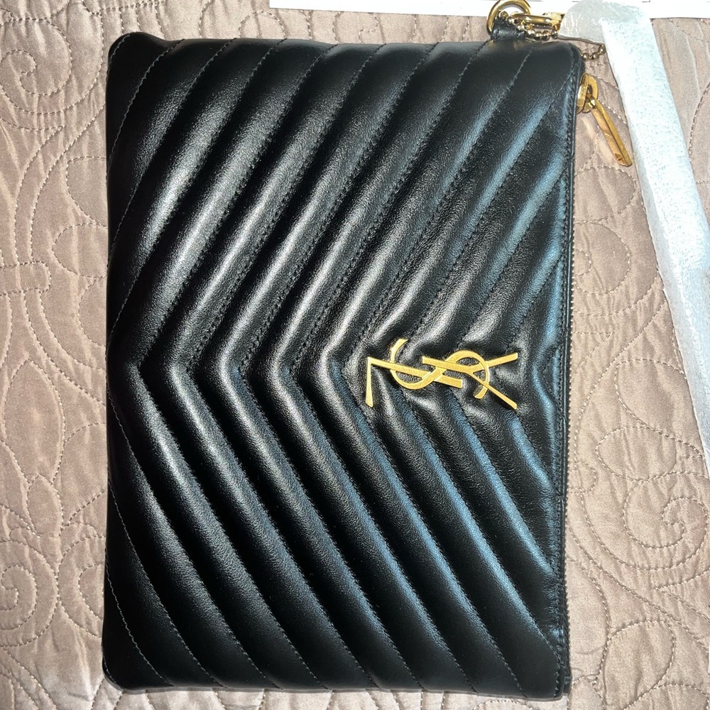 Yves Saint Laurent Black and Gold Chevron Clutch